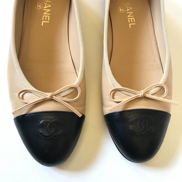 Chanel Cap Toe Ballet Flats Womens 42 11 Black Beige Nude Leather CC Logo Shoes - Picture 4 of 13